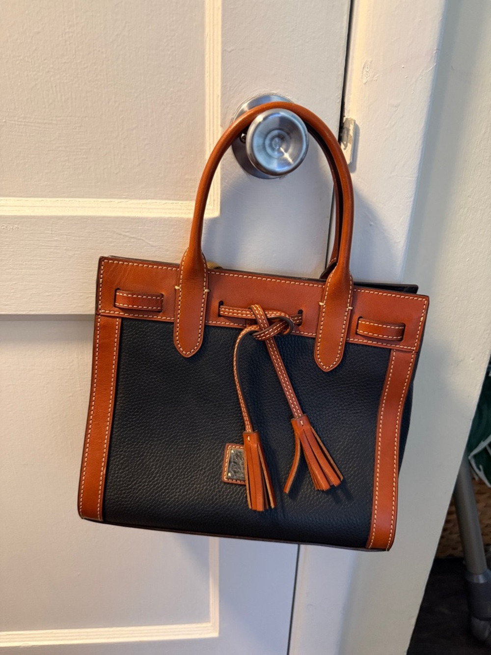 Dooney & Bourke Black and Brown Pebble Leather Shoulder Bag with Tassels